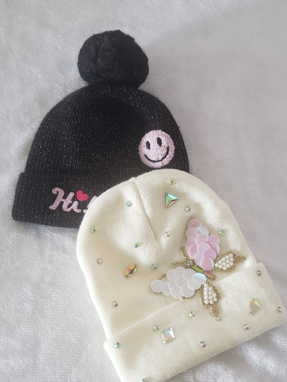Kids Pom Beanie & Embellished Cream Hat Set